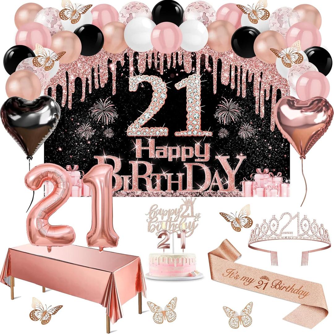 49pcs 21st Birthday Decorations, 21st Birthday Sash and Tiara,Banner,Tablecloth,Butterfly Decor,Cake Topper, Candles, Balloons Arch