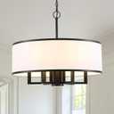 24" 6-Light Drum Chandelier, Modern Large Drum Pendant Light Fixtures with White Shade, Black Chandelier Hanging Ceiling Light for Dining Room Living Room Foyer Kitchen Entryway, Adjustable Height