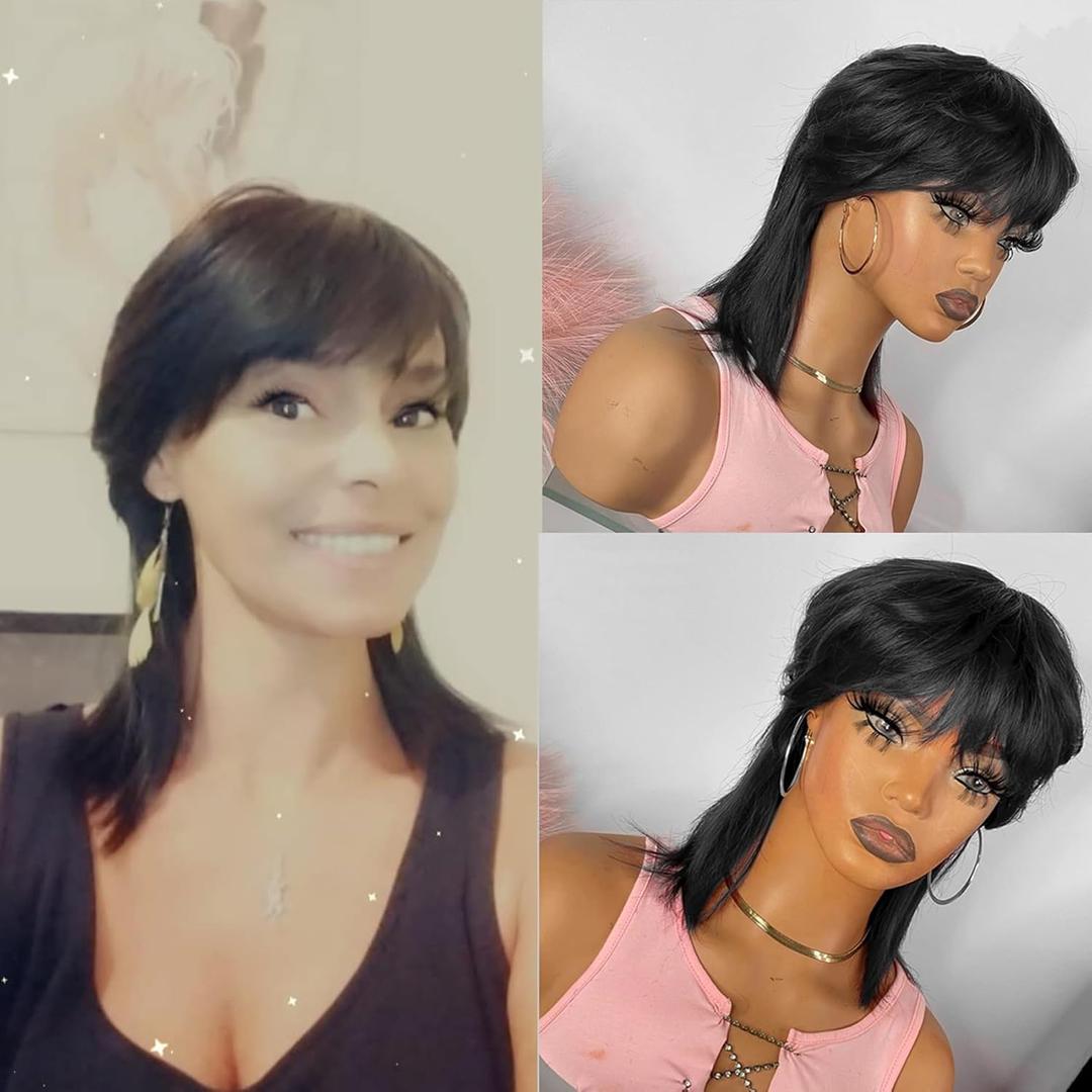 Mullet Human Hair Wigs For Women Glueless Mullet Pixie Cut Straight Wigs With Bangs Brazilian Virgin Straight Human Hair Wig for Daily Use Dovetail Full Machine made Wigs Natural Black Color