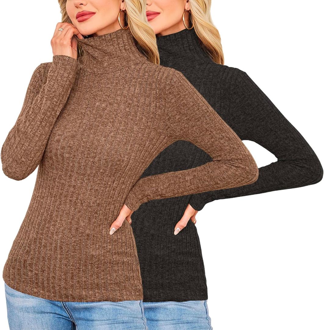 2 Pack Womens Long Sleeve Turtleneck Shirts Basic Fall Thermal Lightweight Pullover Tops Trendy Comfy Undershirts (Medium, Black, Coffee)