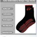 Women Cute Pilates Socks Grip Crew Yoga Socks Ruffle Cuff Embroidery Pattern Workout Ballet Socks (Black)