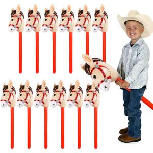 12 PCS 37 Inch Red Inflatable Stick Horse Balloons Durable PVC Horse Head on Stick for Western Cowboy Parties, Birthday Decorations, and Themed Events