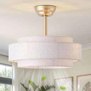 Kaunisva 20'' Boho Fandelier Ceiling Fan with Light, Gold Fabric Chandelier with Light Remote Control, Caged with 6 Speeds for Bedroom, Nursery, Living Room