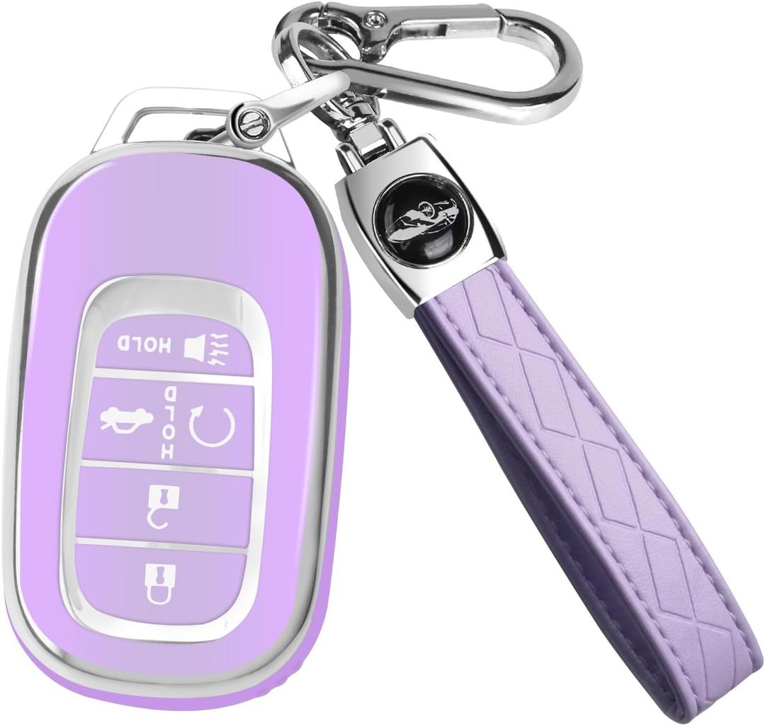 QBUC for Honda Key fob Cover with Keychain,Car Key Case Protector Compatible with Honda Accord Civic HRV CRV Pilot 5 Buttons Smart Remote Key (purple)