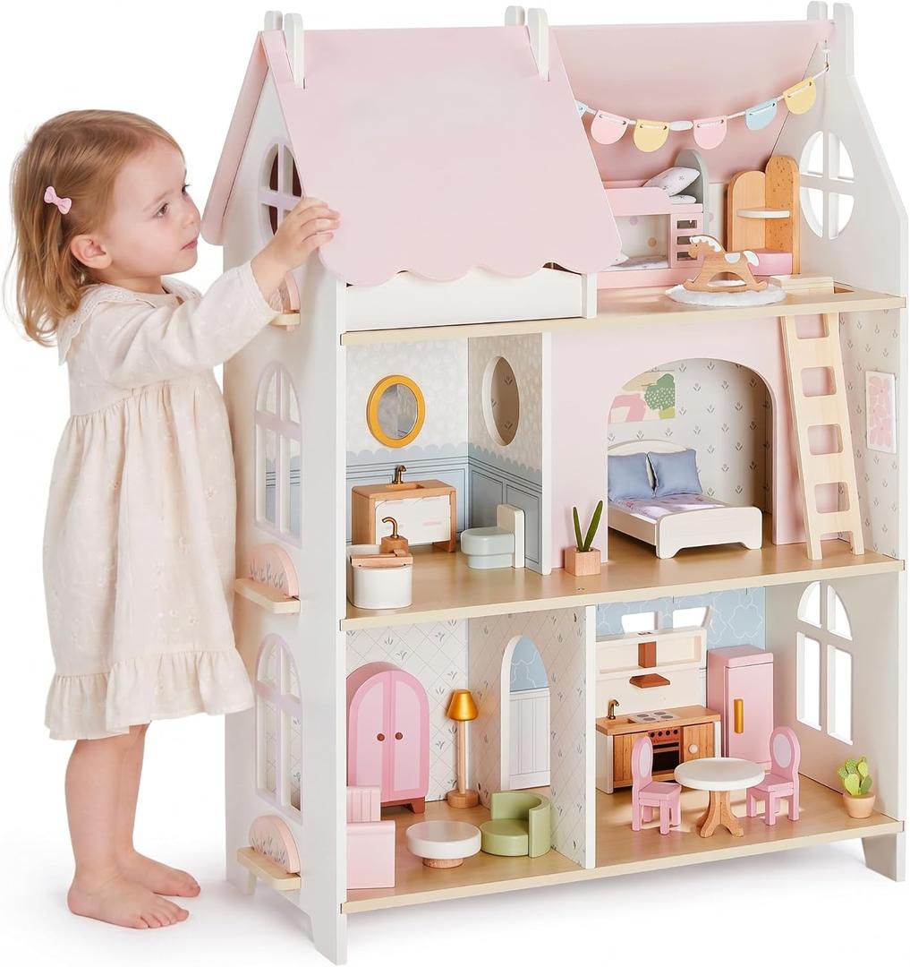 Giant bean Cloud Cottage Wooden Dollhouse for Girls with Furniture Set, Large