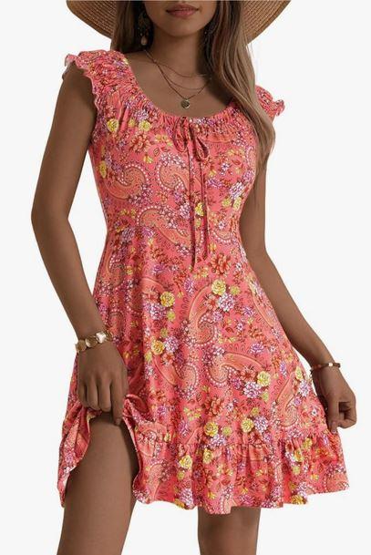 TORARY Women Cute Cap Sleeve Tie Scoop Neck Spring Summer Beach Vacation Boho Dresses 2025 Mini Sundress with Pockets, XL