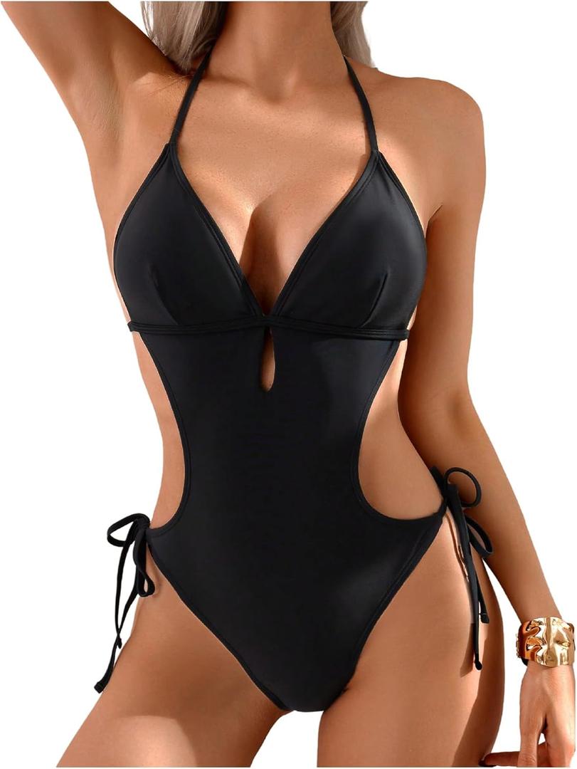 SOLY HUX Women's One Piece Bathing Suits Halter Neck Cutout String Cheeky Swimsuits Beachwear (Medium, Black)