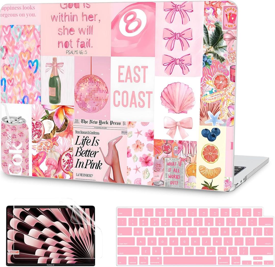 G JGOO Compatible with MacBook Air 13 inch Case 2026 2025-2022 M5 A3449 M4 A3240 M3 A3113 M2 A2681, Plastic Hard Shell for MacBook Air 13.6 inch Case +Keyboard Cover+Screen Protector, Pink Collage