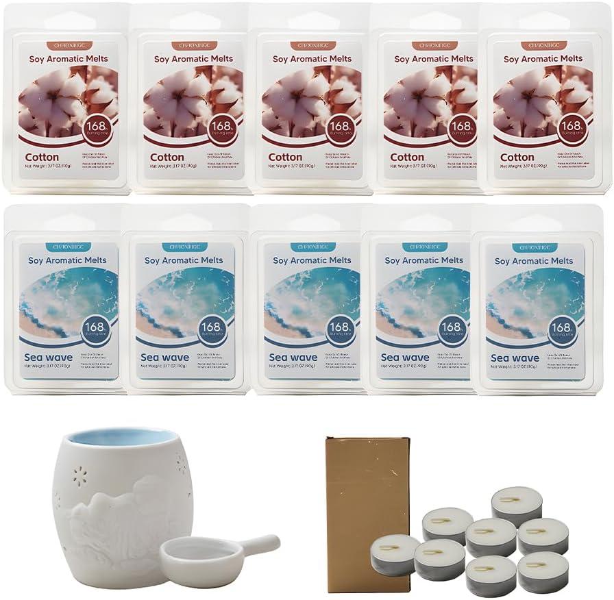10-Pack Aromatherapy Wax Melts, Two Scent Combo | Wax Warmer & 8 Tealights Included | 90g (3.17 oz) per Pack | Eco-Friendly Soy Wax, 8 Scents (Cotton & Ocean Breeze) (Cotton & Ocean Breeze)