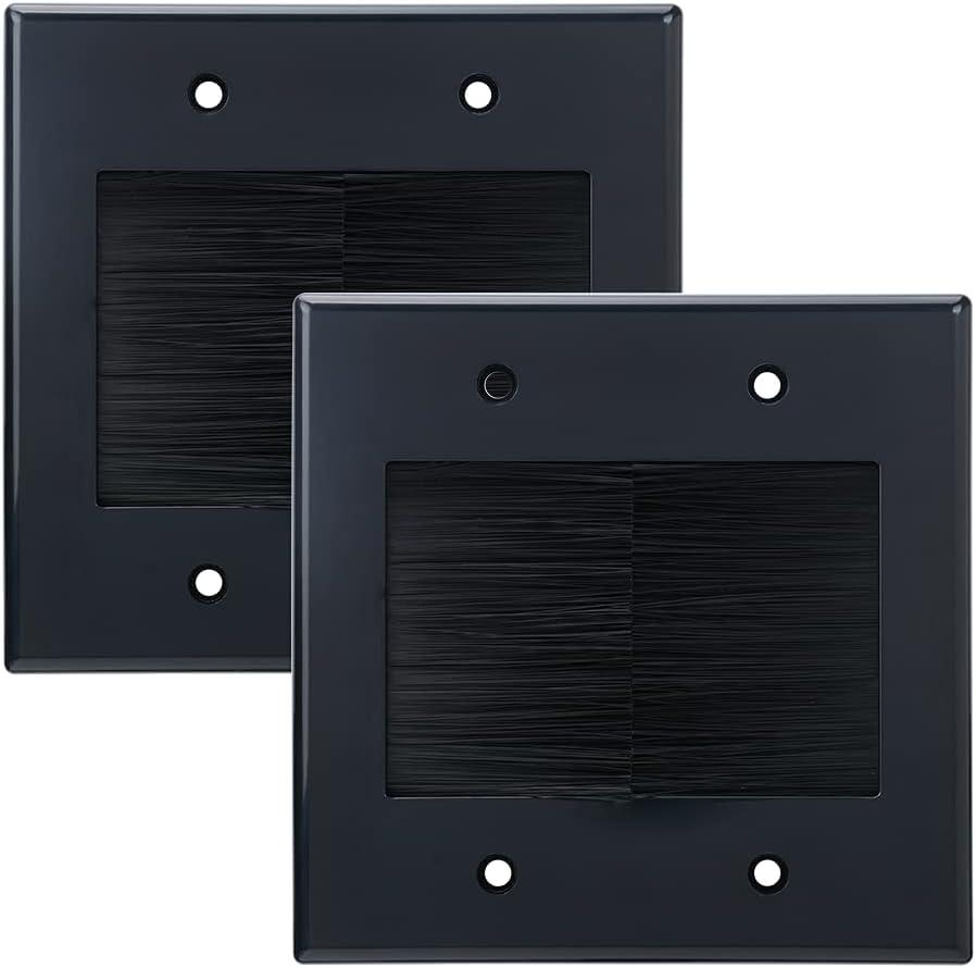 2 Gang Brush Wall Plate (Black, 2 Pack), Double Gang Cable Wall Plate for Power Cords, Low Voltage Cables and Wires in-Wall Hiding