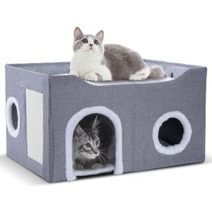 Cat House for Indoor Cats  Foldable Cat Cave & Covered Cat Bed, Cozy Hideaway for Small Pets and Large Cats (23.6"x16"x12.8"),Grey