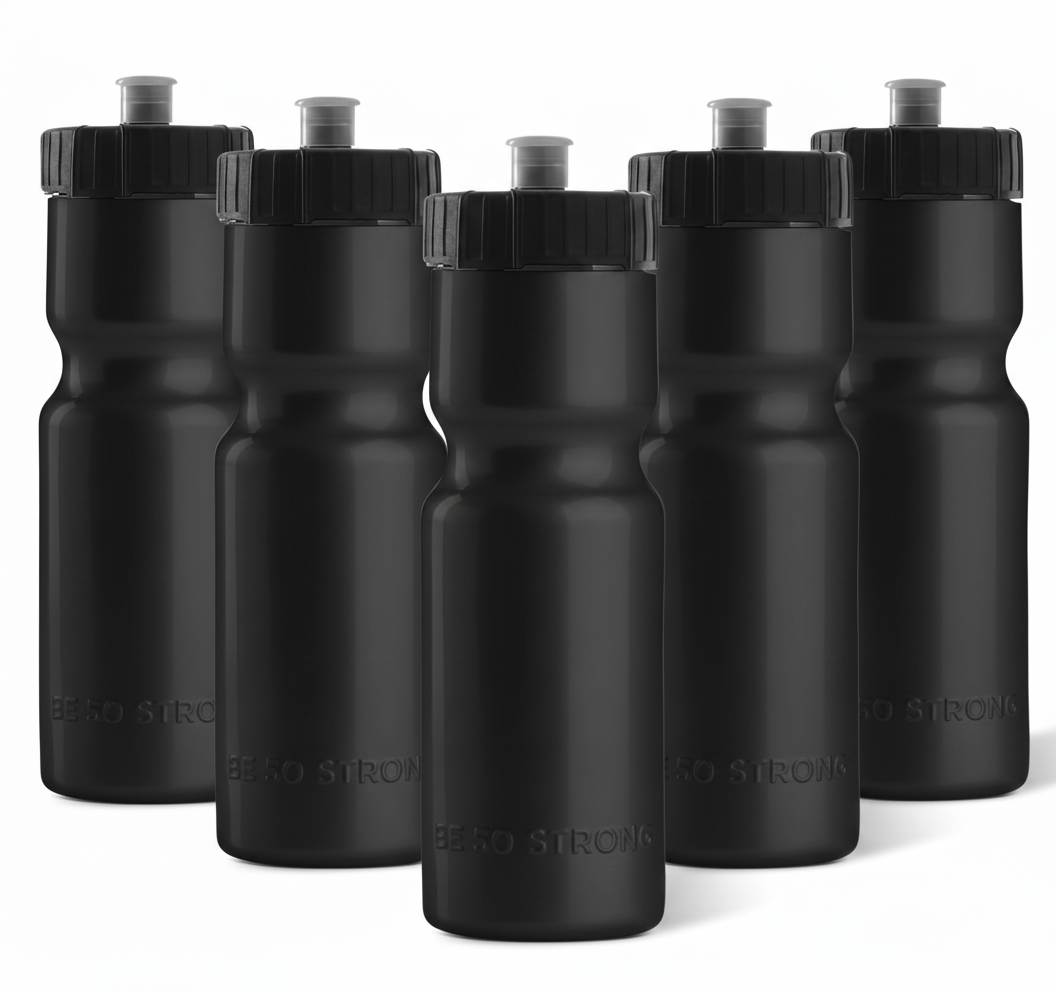 50 Strong Sports Water Bottles Reusable 22 oz BPA-Free Plastic Bottles with Pull Top Cap Made in USA Top Rack Dishwasher Safe Fits Most Bike Cages Brand (Black, 5 Packs)