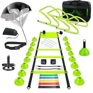 Haootadiy Agility Training Equipment, Football Training Equipment Includes 20FT Agility Ladder, 4 Adjustable Agility Hurdles, 16 Football Cones, Parachute, for Training Soccer Athletes（Green）