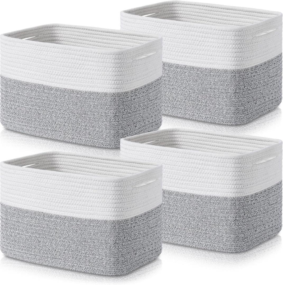 Storage Basket Cube Bins - Woven Cotton Rope Organizer Bins, Decorative Storage Baskets, Cube Organizer for Home, Laundry (4-Pack, White/Grey)