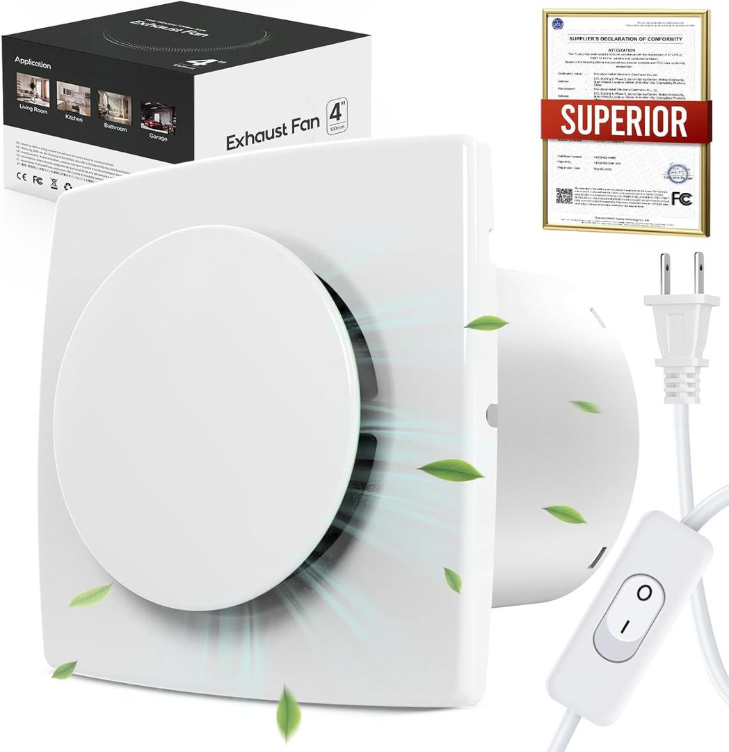 4 Inch Exhaust Fan with Switch Upgrade Bathroom Exhaust Fan 34dB Low Noise IPX4 Waterproof Household Ventilation Fan Easy Install on Wall Window Ceiling in Bathroom Kitchen Garage