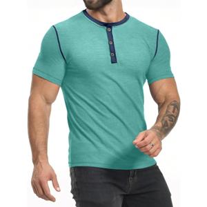 PLEPAN Mens Henley Shirts Crewneck Short Sleeve Casual Cotton T-Shirts with Contrast Color Collar (Large, Blue-green)