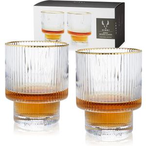 Viski Meridian Lowball Glasses Set of 2 - Premium Crystal Clear Vintage Drinking Tumblers for Whiskey, Scotch & Bourbon in Art Deco Ripple Glassware Design, Gold Rimmed Glassware Gift Set, 12 oz