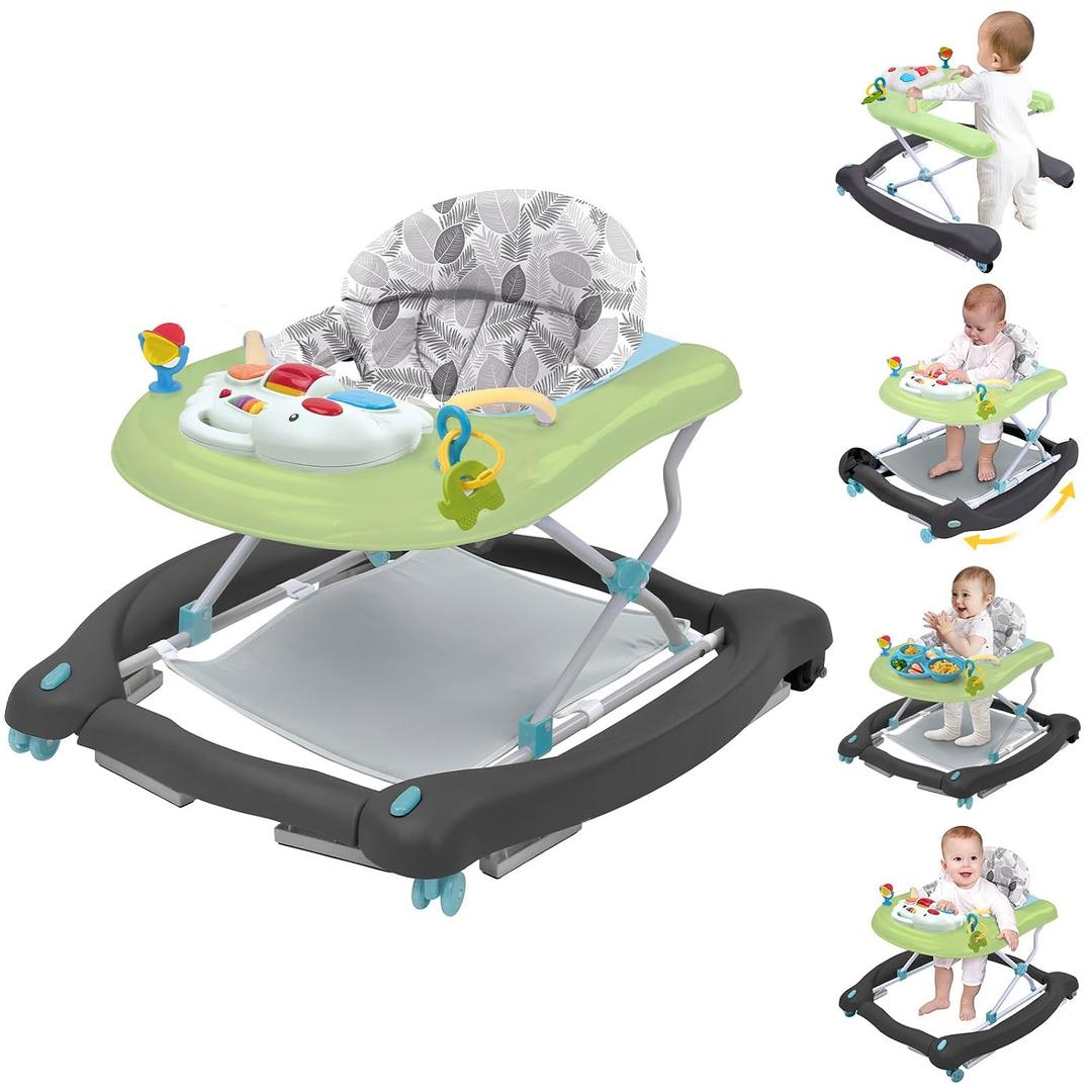 5 in 1 Foldable Baby Walker, Activity Baby Walker-Baby Bouncer, Rocker, Activity Center,Seat and Push Walker,Detachable Trampoline Mat, Adjustable Speed Rear Wheels and Height,Ages 6-18 Months(Green)