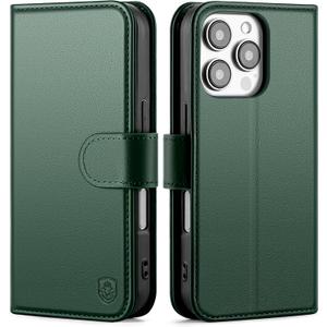 Compatible with iPhone 16 Pro Genuine Leather Case Wallet with Card Holder,Women Men Real Leather Flip Folio RFID Blocking Credit Card Slots Stand Phone Cover,for Apple 16Pro 6.3",Green