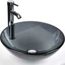 Bathroom Vessel Sink, Tempered Glass Vanity Round Bowl with Chrome Faucet and Pop up drain Set, Bluish Grey