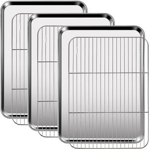 Baking Sheet with Rack Set (3 Pans + 3 Racks) BakewareStainless Steel Cookie Sheet with Cooling Rack, Nonstick Baking Pan, Warp Resistant Baking Tray with Grill