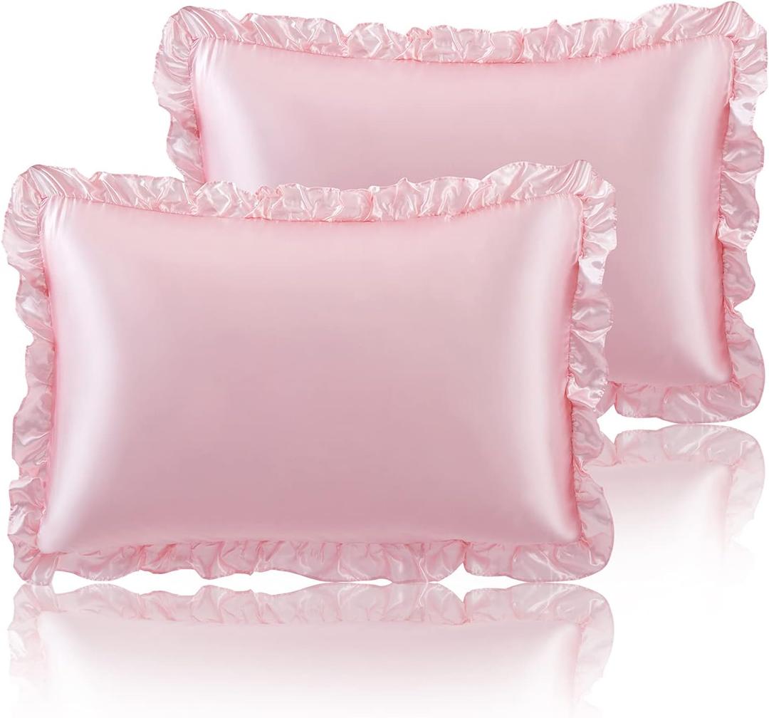 SiinvdaBZX Ruffled Queen Satin Pillowcase Set of 2, Blush Pink Silky Satin Pillow Cases for Women Ruffle Pillow Shams Covers Princess Room Decoration, with Envelope Closure