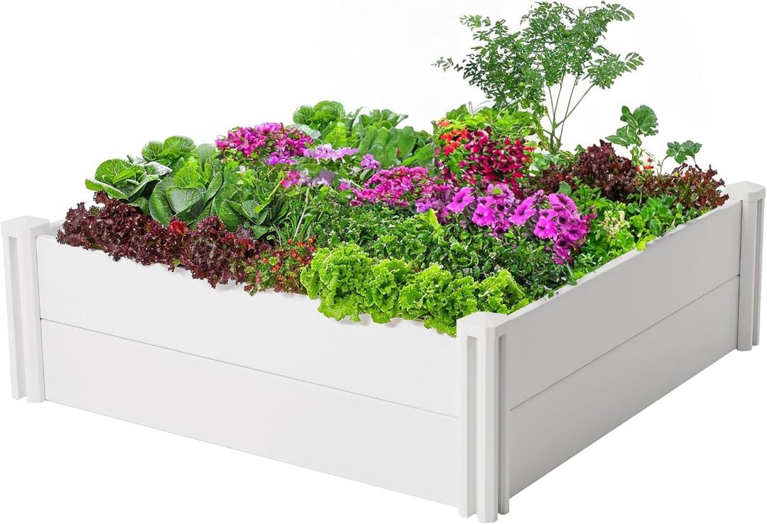 PASAMIC 4x4x1ft Vinyl Raised Garden Bed, Rust-Proof Raised Plant Box for Gardening, Durable Outdoor Planter Box with Open Bottom, DIY Above Ground Vinyl Garden Beds for Fruit, Vegetables, Herbs (White)