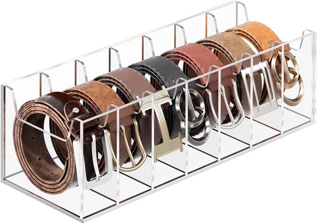 MaxGear Belt Organizer, Acrylic 7 Compartment Belt Storage Rack for Closet, Clear Display Case for Belts, Ties, and Bow Ties