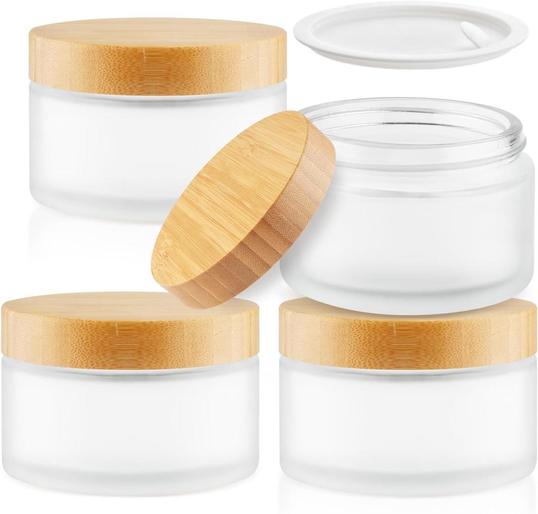 4 Pcs 200g/6.7oz Frosted Cosmetic Containers Glass Jar Empty Sample Jars with Bamboo Lids for Cream Lotion Lip Balm Makeup