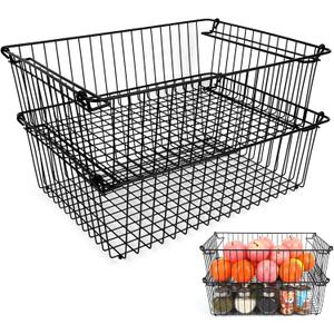 Set of 2 Stackable XXL Wire Baskets For Pantry Storage and Organization -16x12in Large Metal Food Baskets -Vegetable,Fruit,Potato,Onio, Pantry Storage Bins With Handles (Black, XXL)