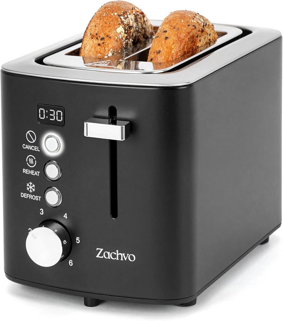 2 Slice Toaster with Wide Slots for Bread & Bagels, Stainless Steel Toaster with Digital Countdown, 6 Shade Settings, Defrost, Reheat & Cancel, Compact Design for Kitchen, Black