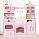 Wooden Play Kitchen for Toddlers and Kids with Lights & Sounds, Large Interactive Pretend Play Set with Ice Maker, Stove, Sink, Oven, 12 Accessories - Ages 3-8