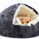 Dog Bed Round Hooded Plush Cat Cave Self Warming Pet Bed Donut Anti Anxiety Fluffy Pet Bed for Puppy and Kitty (Medium 23.6'', Dark grey)