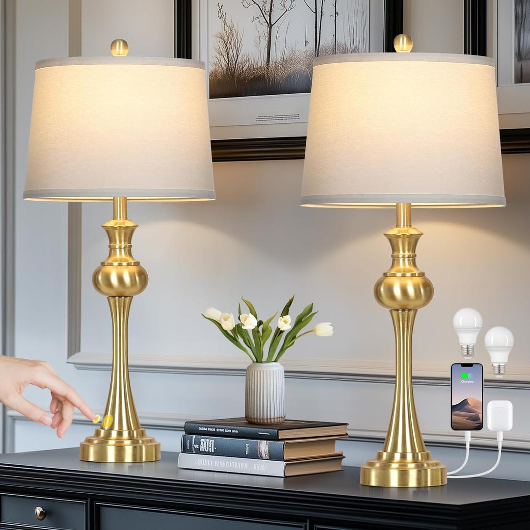 Cinyirong 28.75" Gold Table Lamps for Living Room,Touch Lamps for Bedrooms Set of 2 - Nightstand Table Lamp with USB C+A, 3 Way Dimmable Bedside Lamps End Tables, Antique Brass