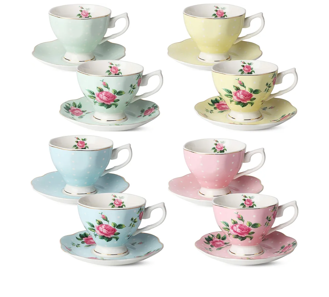 BTaT Floral Tea Cups and Saucers Set of 8 (8 oz), Porcelain Tea Cup Sets, Assorted Colors with Gold Trim & Gift Box, Dishwasher Safe