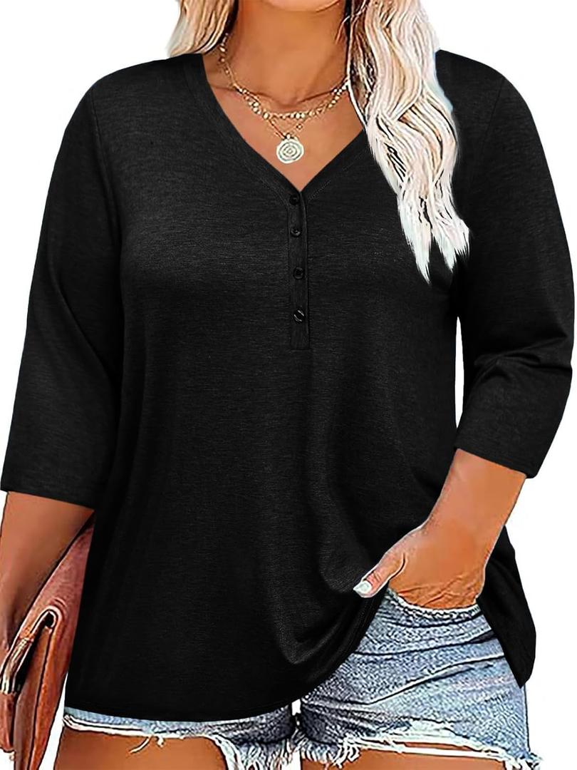 ZDC Women's Plus Size Tops 3/4 Sleeve V Neck T Shirts Button Down Basic Tunic (5X-Large, Black)