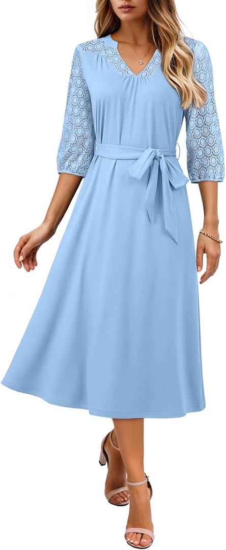 Dokotoo Womens Dresses Lace V-Neck Half Sleeve Belted Empire Waist Casual Dress A-Line Hem Summer Midi Dress with Pockets (S)