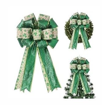 Large St. Patrick's Day Bows 1 Pack 20×11 Inch - Pre-Tied Shamrock Ribbon Bows for Wreath, Tree Topper, Front Door, Indoor & Outdoor Holiday Decorations (Green 1, S)