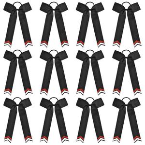 DEEKA 12PCS Collegiate Style Cheer Bows with Glitter Chevrons Tail Skinny College Cheerleader Ponytail Holder for Volleyball Softball Girls (Black/Red/White)