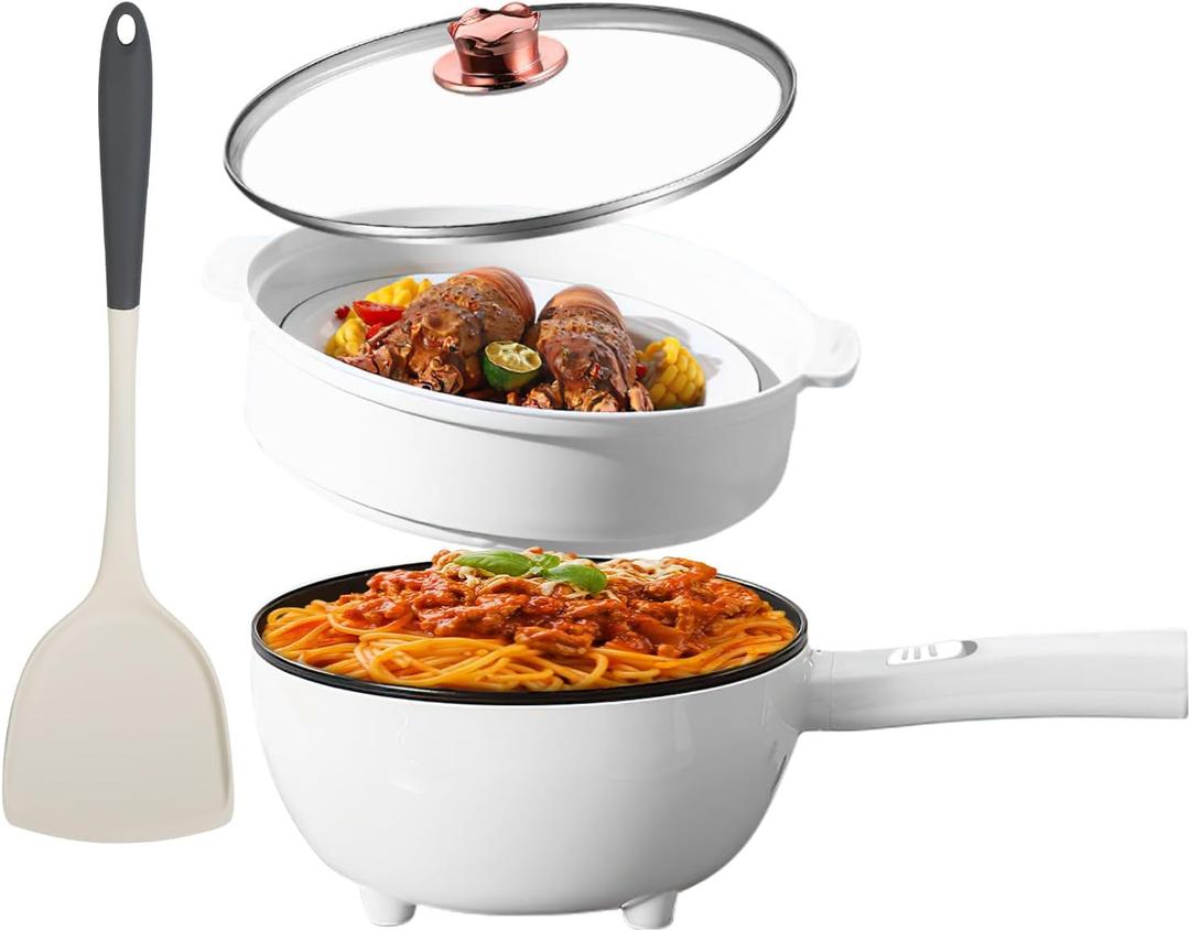 Hot Pot Electric with Steamer, 3L Non-Stick Frying Pan, Rapid Noodles Cooker Electric Pot for Steak, Egg, Fried Rice, Ramen, Soup with 2 Heating Power, Spatula