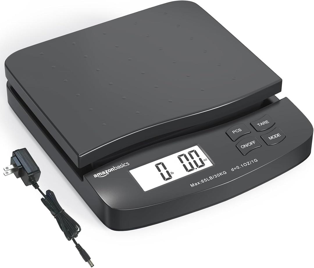 Amazon Basics Digital Postal Shipping Scale with Tare Function, AC Adapter, 65 lb Capacity, 0.1 oz Readability, LCD Display, Black