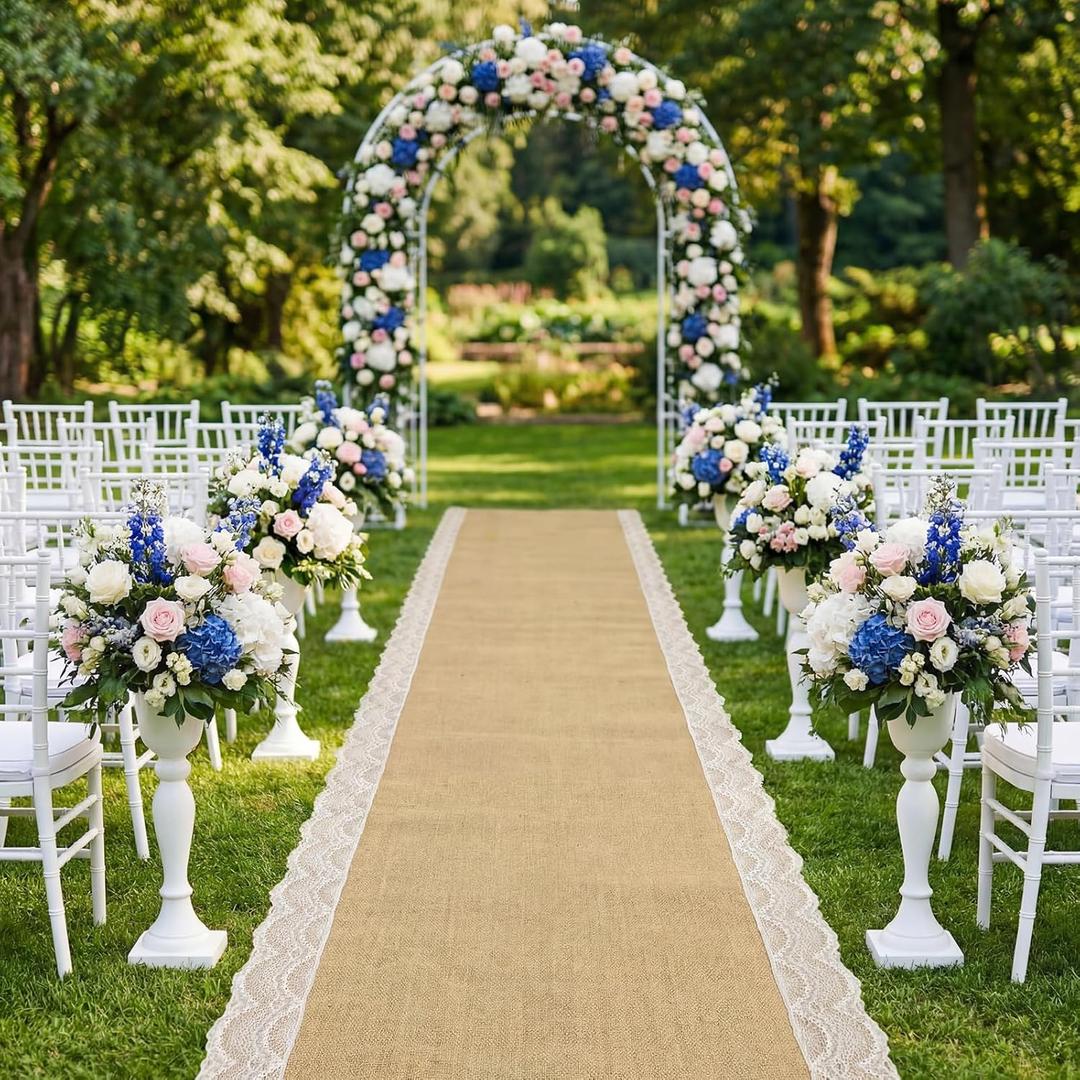 Breling 3.3ft x 23ft Burlap Wedding Aisle Runner Outdoor for Wedding Ceremony Wide Natural Jute Rustic Burlap Aisle Runner with Lace for Outside Beach Lawn Garden Church Reception