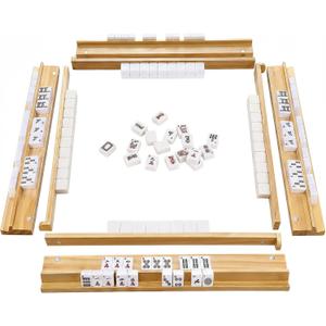 American Mahjong Racks and Pushers Set of 4, 17.7" Wooden Tile Holders | Natural timber NMJL game accessories with integrated strong magnets. Smooth trays for tabletop board party sessions.