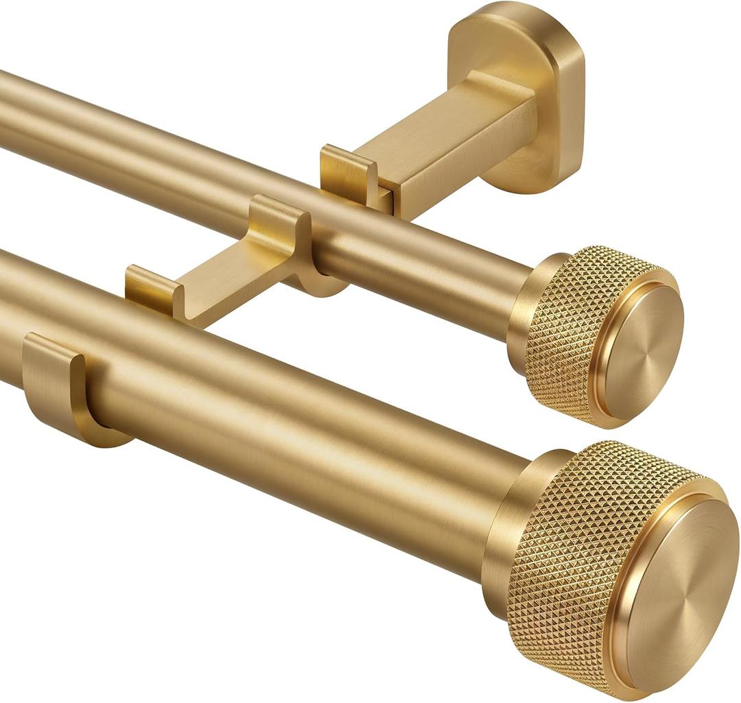 1-1/8 inch Double Curtain Rod - Premium Nonadjustable 144in/12ft Drapery Rods - Heavy Duty Dual Curtain Rods for Windows - Aluminum Finials & Adjustable Concealed Mounting Bracket - Brushed Gold
