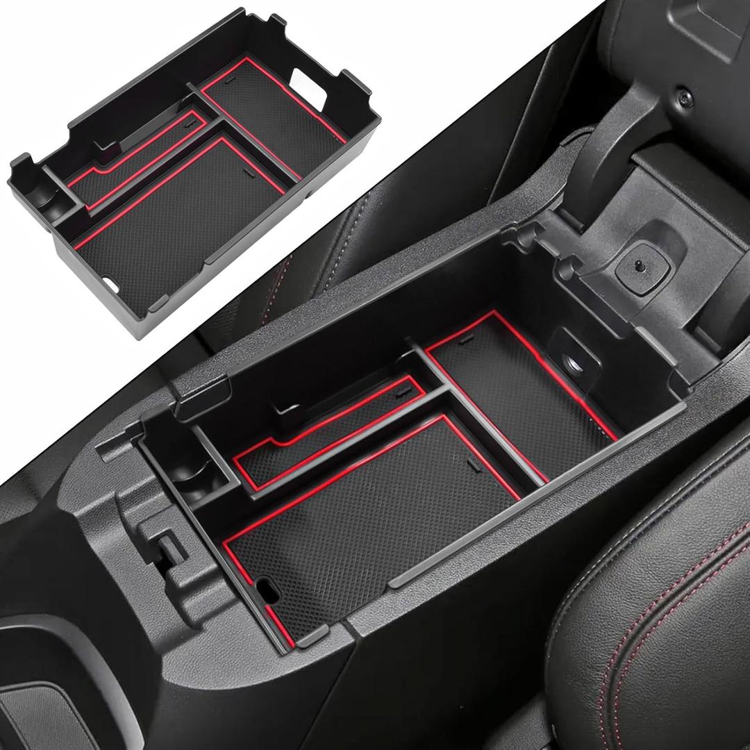 Center Console Organizer Tray Compatible with Chevy Equinox 2018 2019 2020 2021 2023 2024 Accessories, Armrest Insert Secondary Storage Box (Not Fit 2025) Red Trim
