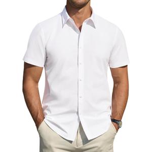 J.VER Men's Short Sleeve Dress Shirts Stretch Stain Shield Casual Button Down Shirts Solid Formal Shirt (X-Large Tall, White)