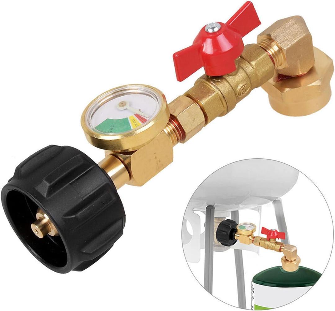 Propane Refill Adapter with Valve and Gauge, Fill 1 Pound Bottles from 20lb Tank Fits QCC1 / Type1 Propane Tank and 1 lb Throwaway Disposable Cylinder Propane Bottle Connector.