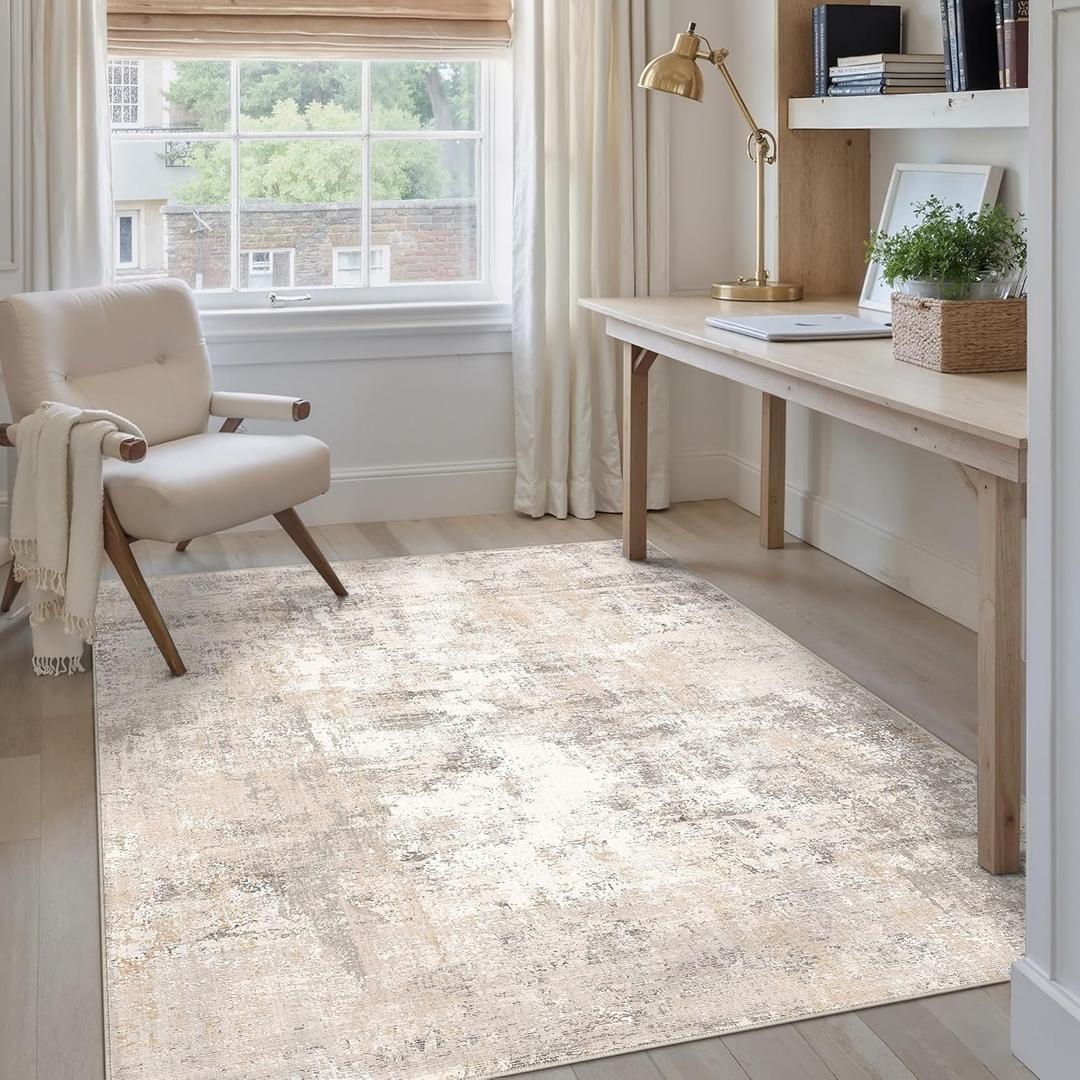 4x5 Washable Area Rug Beige Grey Abstract Non Slip Soft Low Pile Rug for Entryway Kitchen Bathroom Neutral Modern Throw Carpet for Living Room Bedroom Home Decor