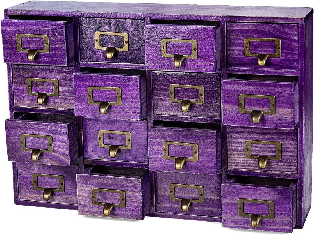 Purple 16-Slot Wooden Drawer Unit - Country Style Desk Organizer Box 20''x3.6''x14'' Storage w/ 16 Drawers Countertop Label Holder & Handle Slim 4-Level