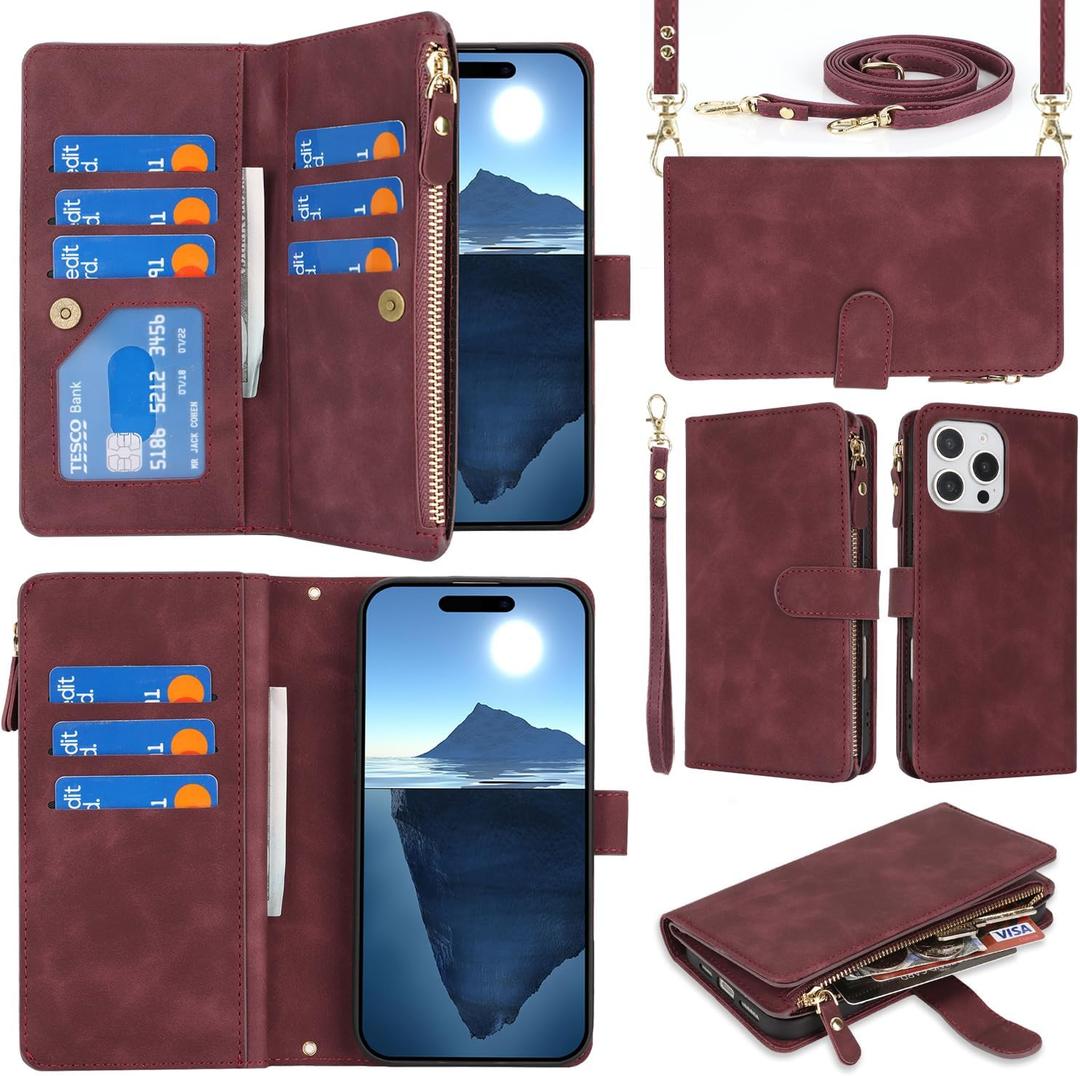 SailorTech for iPhone 16 Pro Max with Wallet Phone Case, Design for iPhone 16 Pro Max Card Holder Zipper Cash Slot Lanyard Flip Leather Cover-Red